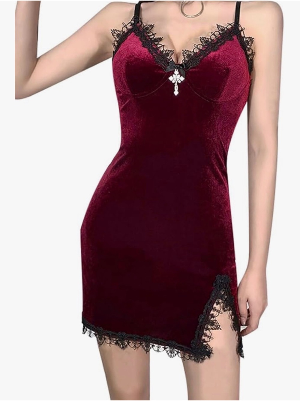 Lace-Trim Velvet Slip Dress in Burgundy